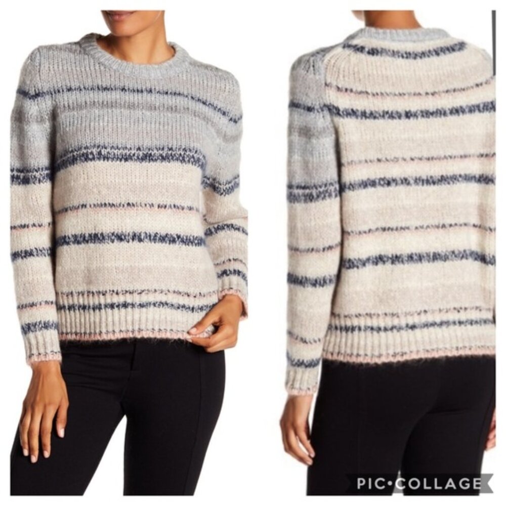 Brochu Walker Stripe Alpaca Wool Mohair Blend Thick 3/4 Sleeve Crop Sweater L
